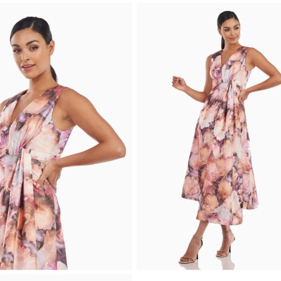 KAY UNGER LANI FLORAL PRINT METALLIC ORGANZA PINK MULTI MIDI DRESS sz 6 - Picture 2 of 6